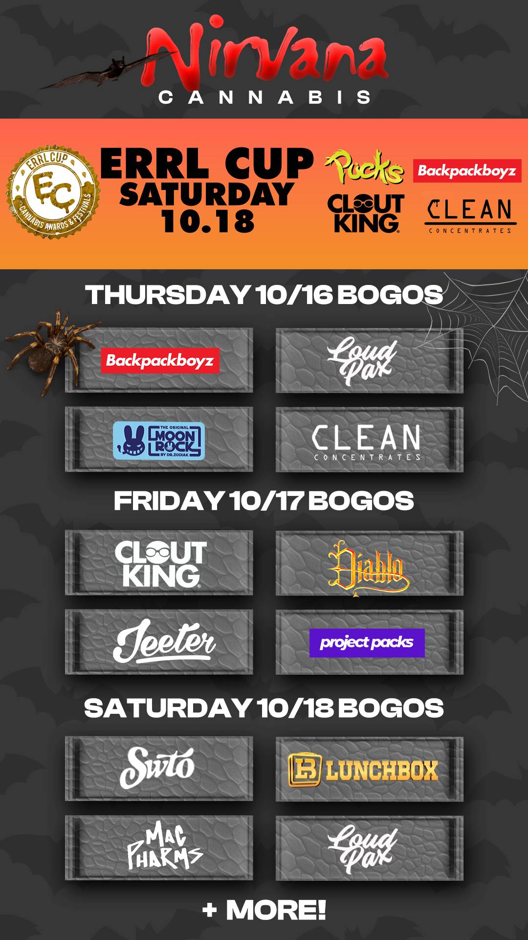 CANNABIS THURSDAY 10/16 BOGOS Backdth ELEM coJPN FRIDAY 10/17 BOGOS SATURDAY 10/18 BOGOS 8w LUNCHBOX MORE / Check out more Thursday BOGOs & Low Prices at Nirvana AZ: https://nirvanacannabis.com/arizona/