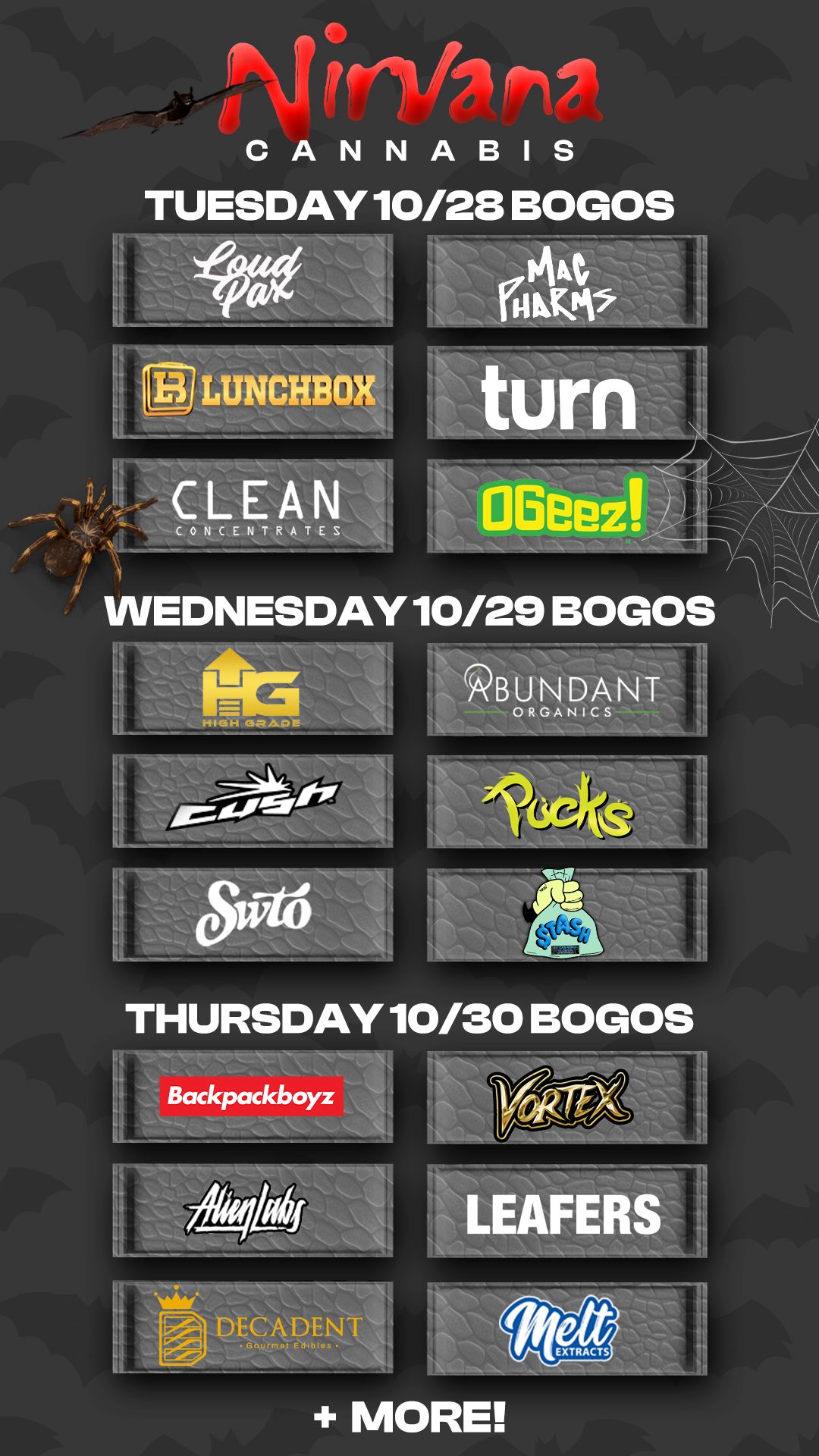 011 P.. TUESDAYA 102 BIOGOS DuNc.B. turn asepo WEDNESDAY 10/29 BOGOS PBYRNA11 A41 2.6 b117-M THURSDAY 10/30 BOGOS Backpackboyz 614-TeX LEAFERS DEADEN MORE / Check out more Tuesday BOGOs & Low Prices at Nirvana AZ: https://nirvanacannabis.com/arizona/