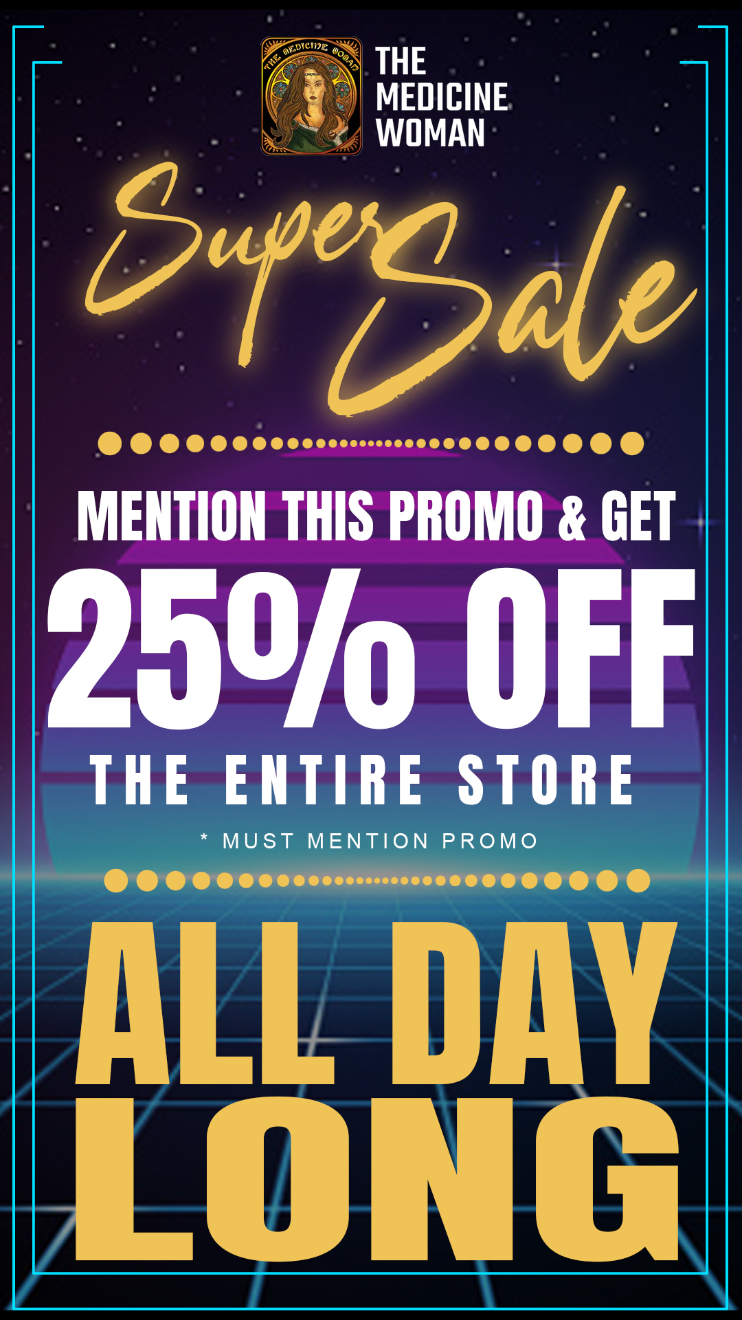 .... ..... .... MENTION THIS PROMO GET 250/0 OFF THE ENTIRE STORE MUST MENTION PROMO . .. / VIP TEXT MESSAGE EXCLUSIVE!25% OFF ENTIRE STORE SUPER SALE TODAY! (Must mention promo for discount)The Medicine Woman Dispensary 660 Tonnelle Ave Jersey City NJ855-TMW-MEDS 