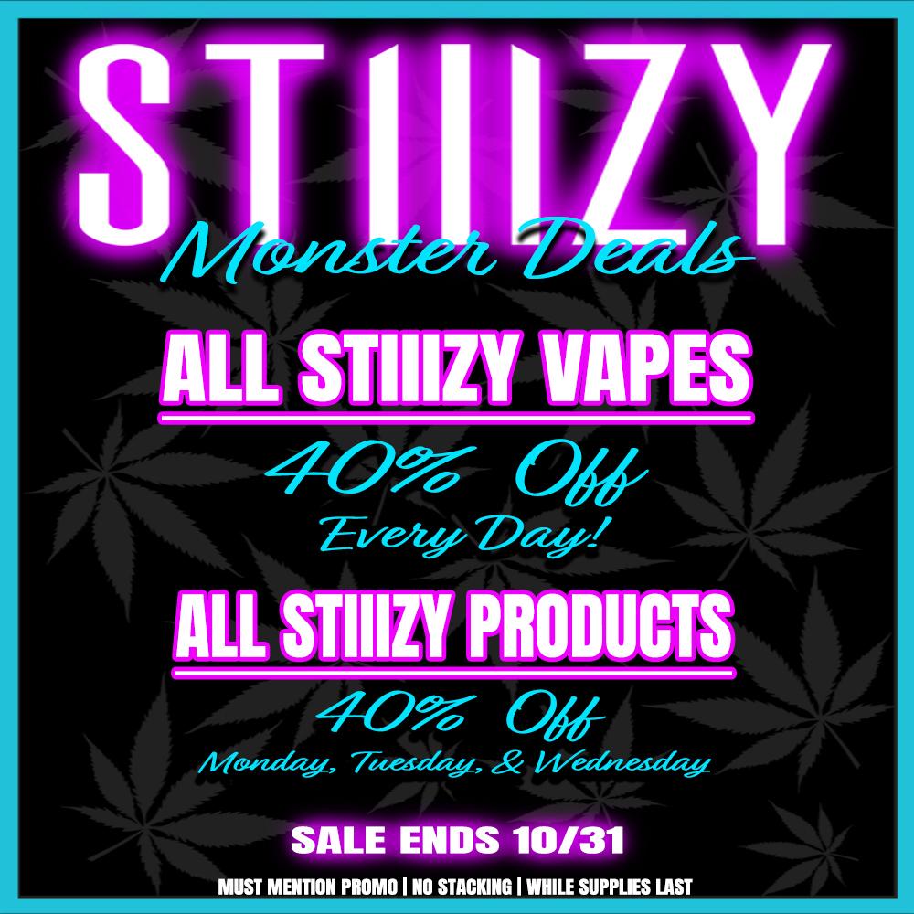 ALL STIIIZY VAPES vt- ALL STIIIZY PRODUCTS SALE ENDS 10/31 MUST MENTION PROMO I NO STACKING I WHILE SUPPLIES LAST / STIIIZY IS FULLY STOCKED & NOW CHEAPER THAN EVER! All VAPES 40% OFF EVERYDAY!40% OFF ALL OTHER PRODUCTS! (Monday,Tuesday,Wednesday only)The Medicine Woman Dispensary 9058 Rose st Bellflower ca 855-TMW-MEDS 