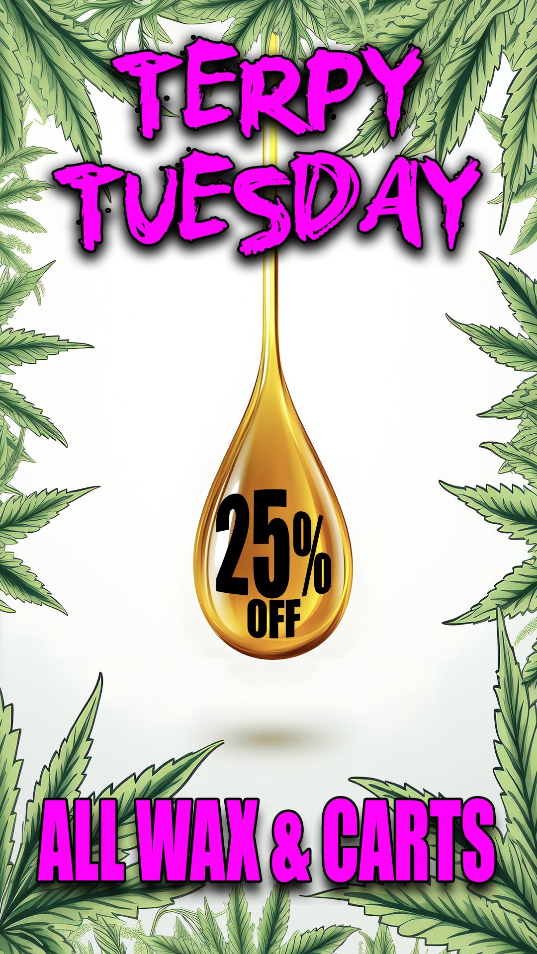 livedeal image / TERPY TUESDAY 25% OFF ALL WAX & CARTS!THE MEDICINE WOMAN DISPENSARY 660 TONNELE AVE JERSEY CITY NJ 855-TMW-MEDS 