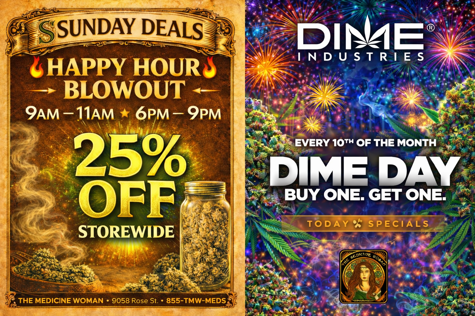 S SUNDAY DEALS 4 HAPPY HOUR 4 BLOWOUT ----- 9Am - 6pm - 9Pm INDUSTRIES ArrWlit ZMIPPV. THE MEDICINE WOMAN 9058 Rose St 855-TMW-MEDS / SUNDAY DEALS HAPPY HOUR BLOWOUT SALE!25% off entire store 9AM-11AM & 6PM-9PM (Must mention promo)DONT MISS DIME DAY 3/10/25 Buy 1 get 1 FREE (ALL DIME)The Medicine Woman Dispensary 9058 Rose st Bellflower ca 855-TMW-MEDS 