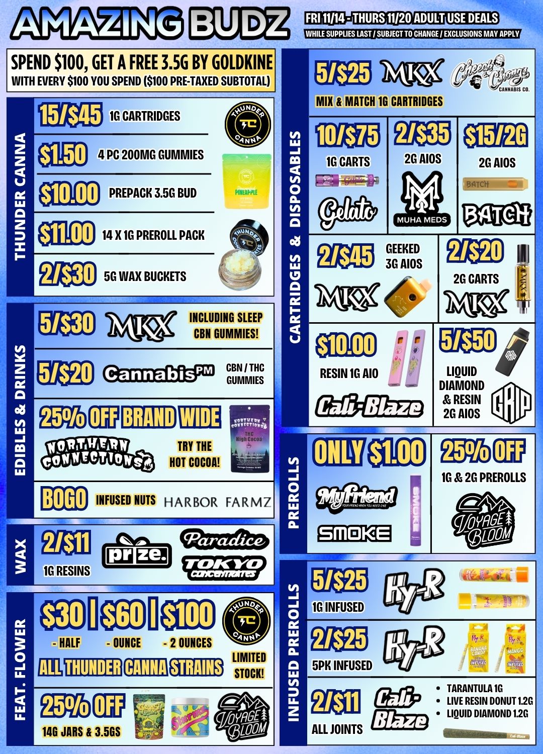 FRI 11114 - THUDS 11120 ADULT USE DEALS SPEND $100 GET A FREE 3.5G BY GOLDKINE WITH EVERY $100 YOU SPEND $100 PRE-TAXED SUBTOTAL 15/$45 1G CARTRIDGES MIX MATCH 1G CARTRIDGES OD4 PC 200MG GUMMIES $10.00 PREPACK 3.5G BUD 16 CARTS EEKO 2G AIRS 2G AIOS INEAFPLE EDIBLES DRINKS $11.00 2430 51$30 14 X 1G PREROLL PACK 5G WAX BUCKETS 110 MUHA MEDS GEEKED 3G AIOS 134Telf 2/$20 2G CARTS INCLUDING SLEEP CBN GUMMIES $10.00 GBN THC GUMMIES RESIN 16 A10 Cali-Blaze TRY THE HOT COCOA $1.00 51$50 LIQUID DIAMOND RESIN 2G AIOS 1G 2G PREROLLS INFUSED NUTS HARBOR FAR MZ SMOKE ET2 1G INFUSED $100 - HALF - OUNCE - 2 OUNCES LIMITED STOCK 5PK INFUSED TARANTULA 1G LIVE RESIN DONUT 1.20 LIQUID DIAMOND 1.26 ALL JOINTS / 