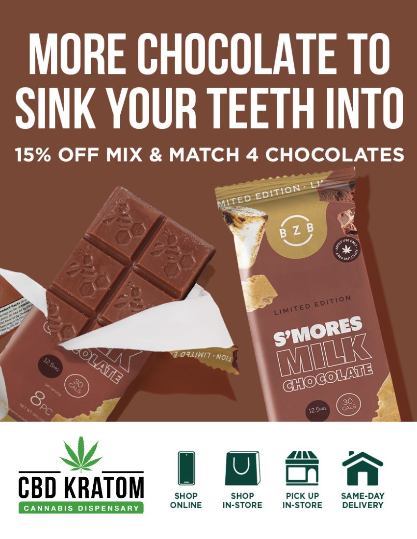 UI MORE CHOCOLATE TO SINK YOUR TEETH INTO 15 OFF MIX MATCH 4 CHOCOLATES g 041115117 JIG CBD KRATOM CANNABIS DISPENSARY SHOP ONLINE In SHOP PICK UP SAME-DAY IN-STORE IN-STORE DELIVERY /  Back just in time for fall! Our fan-favorite S'mores Chocolate Bar has returned  rich, gooey, and ready for sweater weather. Mix & match any 4 chocolate bars and save 15% in-store and online.Shop now: bit.ly/BundleChocolate