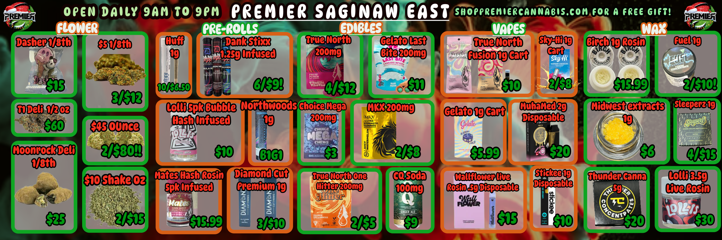 J OPEN DAILY 9AM TO 9PM PREMIER SAGINAW EAST SHOPPREMERCANNABILCOM FOR A FREE GIFT 11 CB a. .d4c ism ir t e-it - - . epos/ . - tic u1sus 2oomg. Infused Gelato IPREMEA Fusion EVOXO EGG 4 $15.99 Lolli L r Bubble Infused 1 Northwoodi choice Steepen ig rn A 479044111 CUMMir Hates Rosin $15.99 r k V r L / 