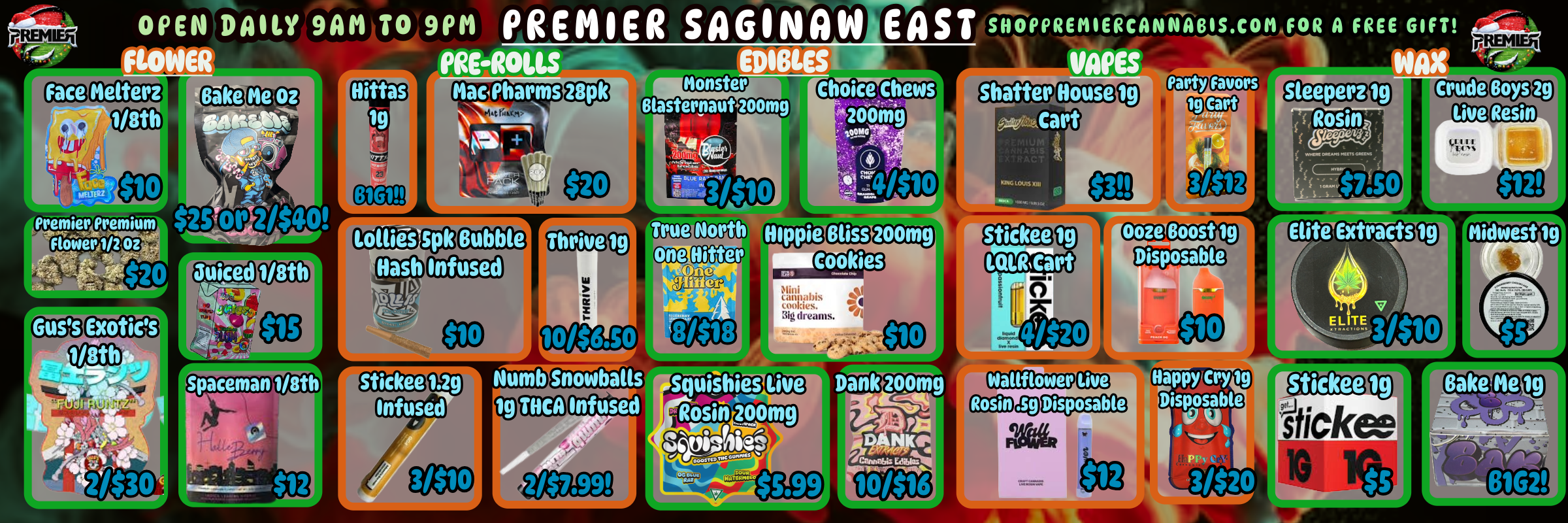 r A OPEN DAILY 9AM TO 9PM PREMIER SAGINAW EAST SHOPPREMERCANNABILCOM FOR A FREE GIFT 0S23C2aria t ea LI PREROLLSISLES WIVES Pally Bake Neioz 6tasternaut200mg Shatter House clffie7 tart KING LOUIS NM ti Mini pabis cookies. 8ig dreams. a - Numb Infused Dank 200mg L / 