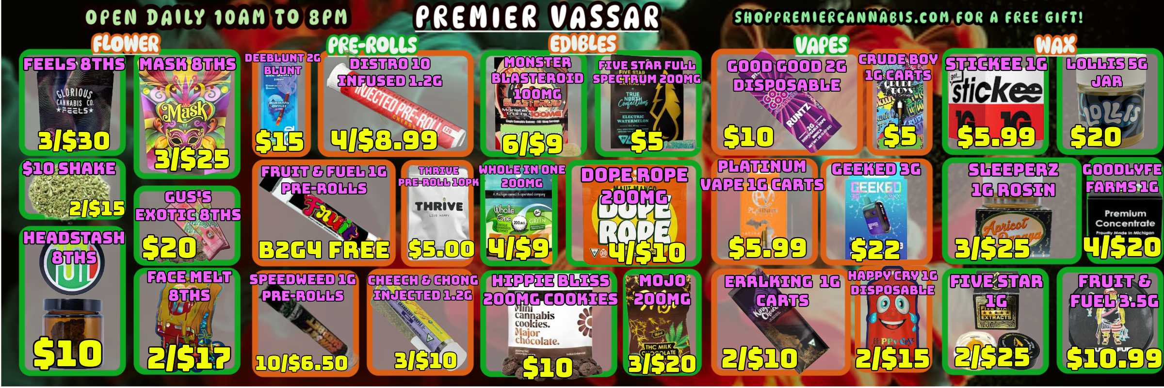 OPEN DAILY 10AM TO 8PM SHOPPREMIERCANNAGIS.COM FOR A FREE GIFT DEEBLUNT ISTRO INFUSED CRUDE BOY 1G CARTS a 4. 1015 ELVCIllte INATERM71 es SPECK EE LIOLLS 1112 PIO 127 10E11 a -.Li/MOLE ATINU PRE-ROLL10 14 CARTS RIVE 114 -tray B2 SPEEDWEED CHEECH INJECTED HIPPIE BLISS HAPPY CRY DISPOSABLE 20011G COOKIES 1111 canna his cookies. Major chocolate. / 