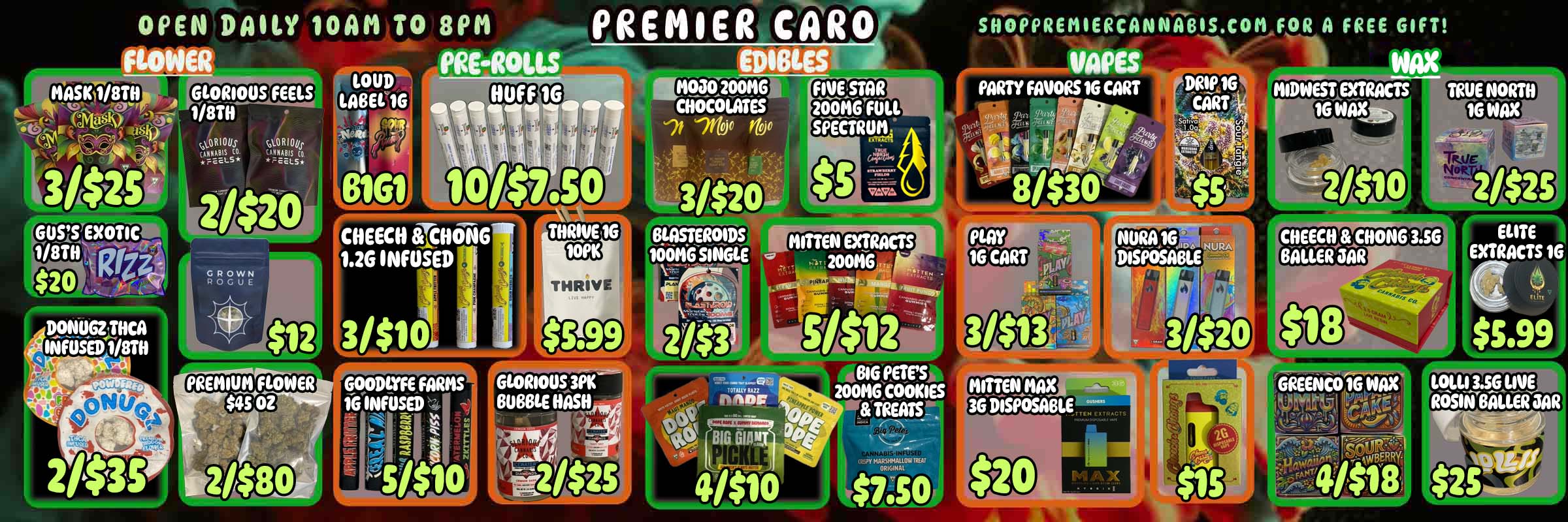 FLOWER EDIBLES liASKTI/8TH GIORIOileFEELS CraittN 1/8THdS arc WIPES PARTY FAVORS 16 CART 2 21$80 / 