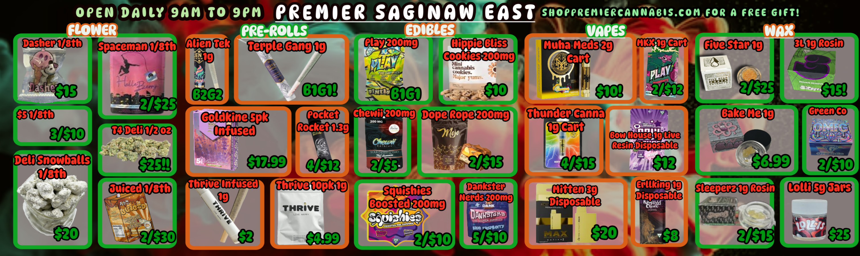OPEN DAILY 9AM TO 9PM PREMIER SAGINAWEAST SHOPPREMIERCANFABIS.COMIOR A FREE GIFT 1/8th Alien Te PRE-ao mew Pl5912-0-0-AT 1140-4. T iSS A J-24-119 arlleds .Cart 2/$2.S r 133Coltagaf Pocket ChevAi.zoomg Rocket 1.39 Thunder Canna Cart Deli ED Thiiive lift Sleeperz 19 affiecam / 