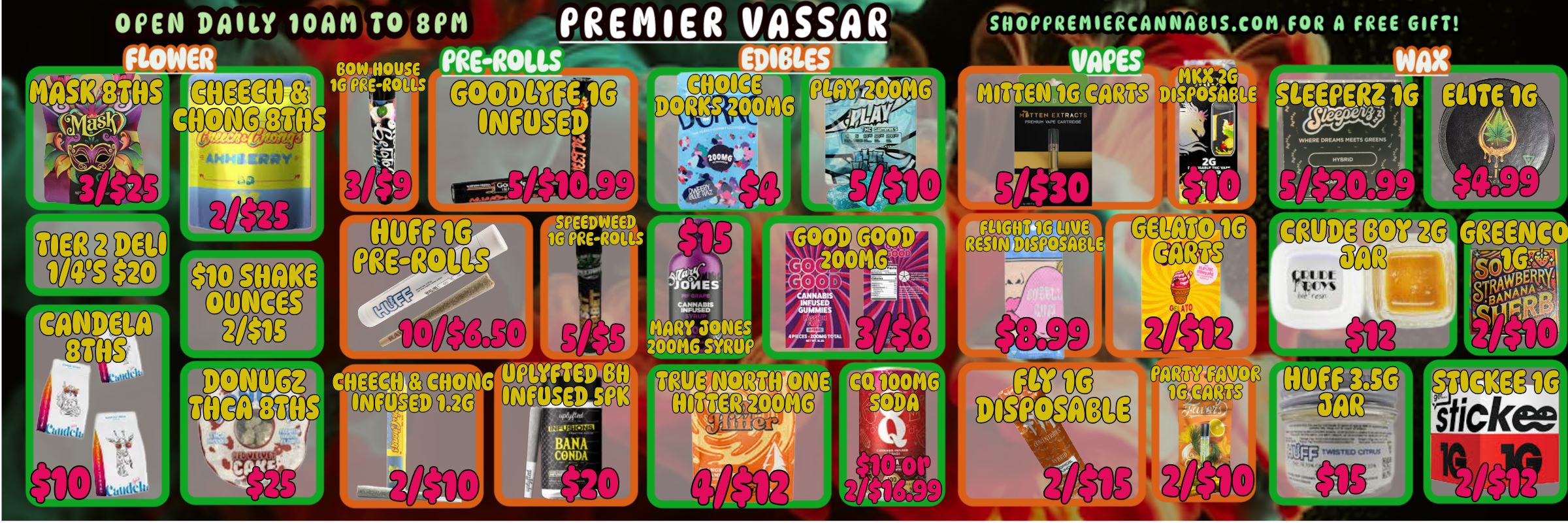 SHOPPREMIERCANNACILCOM FOR A FREE GIFT 411 wax .14 SLEEPER d 0 Y CARTS raTTEN EXTRACTS Pecsum PE CAM1100C FUG r P OSASLE CARTS CODE L as2a3 W9a3 MARY49NES 20 1116SYROP CHEF 156110116 UVtrED ell TRUE RT ONE INFUSED SPK HITTER 00146 A KIR 20 CAN NARK INFUSED GUMMIES 41-14$ 10040410t4 r rare wino army. duc---1 stickwi / 
