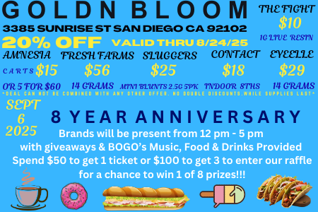 GOLDN BLOOM 3385 SUNRISE ST SAN DIEGO CA SIZI.02 A TRASH TAR. SLUGGERS COWTACT LIMA SETT 6 2025 with giveaways Si SOSO Music Food Prinks Provided Spend $S0 to se...ticket or $100 to get 3 to enter our raffle for a chance tow in 1 of 1 prizes - fAliekelowelle. $10 0 VI M700 6711.3 MGM. 8 YEAR ANNIVERSARY / 