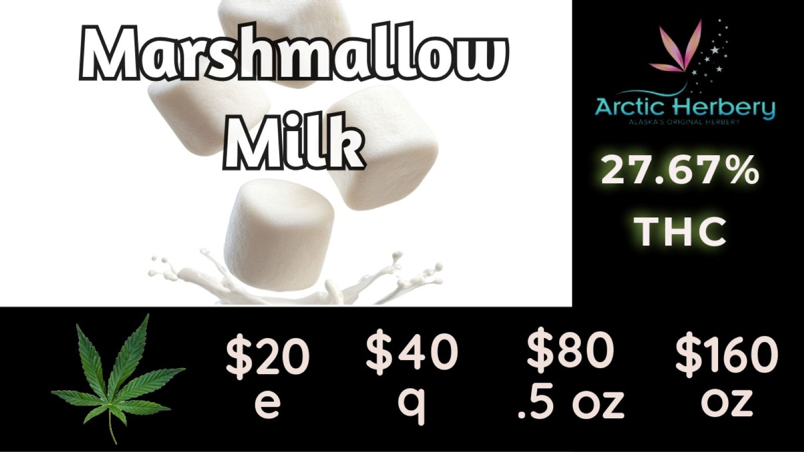 20 $40 $80 $160 e q .5 oz oz / $30e - $200oz: Dutch Koffee 30.75% THC & 2.60% Terps20 eighths - $160oz: Marshmellow Milk 27.67% THC, 3.34% Terps, Goofiez 26.21% THC, Big Bud Pink Punch 25.05% THC, Big Bud Indian Gold 24.88% THC, Big Bud Peanut Butter Biscotti 24.32% THC, Big Bud Cap Junky 23.34%Select $5 0.5g flower pre rolls10% off regular priced items for Seniors and Military every daySome restrictions apply.