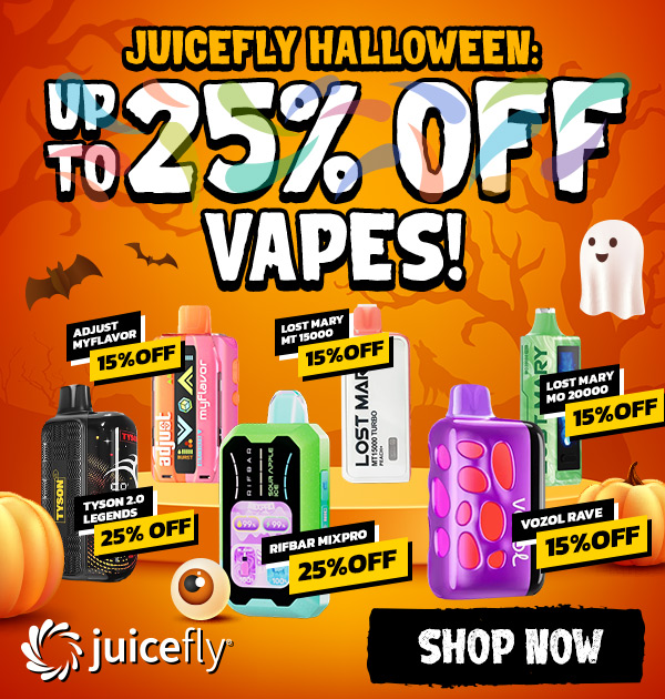 livedeal image / Spooky season calls for sweet clouds and scary-good savings! Enjoy up to 25% OFF select vapes for a limited time only.   Here's what's haunting the sale: Off-Stamp X-CUBE by Lost Mary - 20% OFF Adjust MyFlavor 40K Puffs - 15% OFF  UT BAR Pro 5% Nicotine - 20% OFF Beri Crush 50K Puffs - 10% OFF Tyson 2.0 Legend 30,000 Puffs - 25% OFF! UT BAR 50,000 Puffs - 15% OFF Vozol Rave 50K Puffs - 15% OFF RIFBAR MixPro 40K Puffs - 25% OFF NEXA PIX 35K Puffs - 15% OFF& More Awaiting! Shop now at juicefly.com