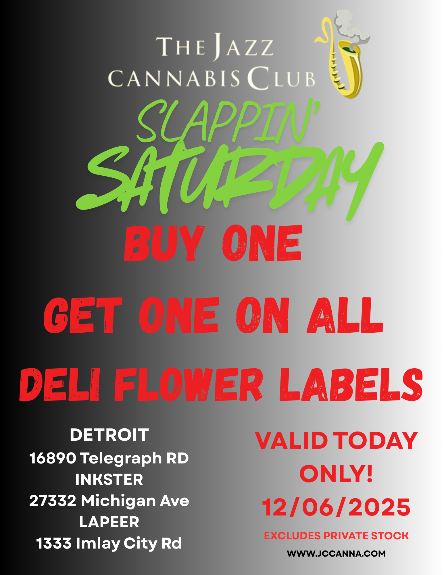 168 ONE N ALL ER LAi ELS 27 1 13 DETROIT 90 Telegraph RD INKSTER 32 Michigan Ave LAPEER 3 Imlay City Rd VALID TODAY ONLY 12/06/2025 EXC iWF DRIVAT WWW.JCCAN NA F STOCK .COM / 