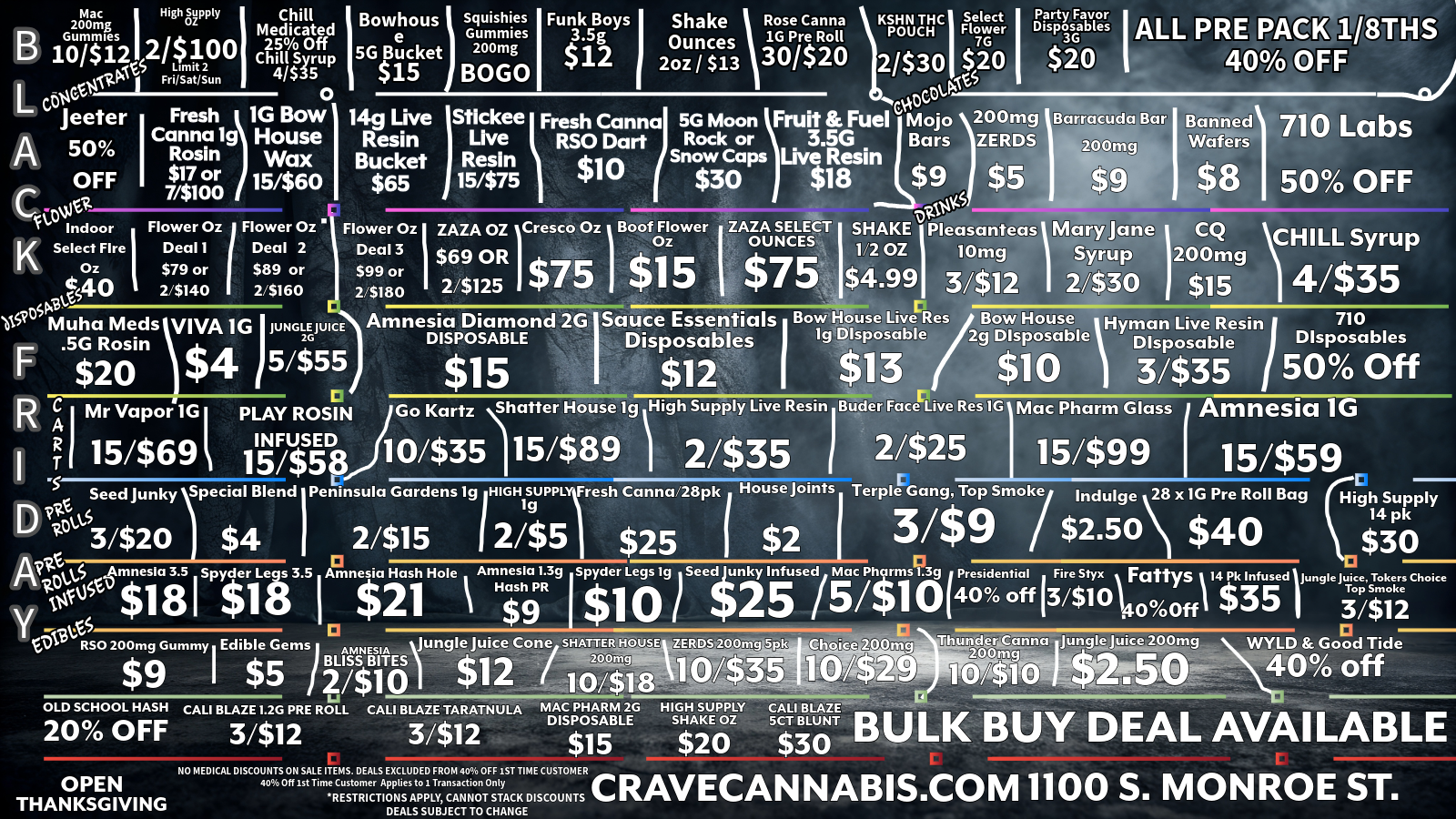 Mac I High 8pply I Chill 200mg Medicated Squishies I Funk Boys Shake Rose Canna Gummies 3.5g 200mg Ounces 1G Pre Roll BOGO $1.2 20Z / $13 30/$20 Stickee Live Resin 15/$75 KSHN THc Select Party Favor I POUCH FlowGer Disposables 7 3G 2/$30 $20 $20 ccccOlcS 4.1. Fresh Canna 5G Moon Fruit Fuel Mojo 200mg Baud a Bar RSO Dart Rock 3e.lr esin Bars ZERDS sn Caps Liv $10 $30 $18 $9 $5 Flower Oz Deal 1 $79 or 2$140 Flower Oz Deal 2 $89 or 2 5160 Deal 3 599 or 2$180 $4 1 5/$55 PLAY ROSIN INFUSED Banned 710 Labs Wafers Dt $8 50 OFF ZAZA SELECT SHAKE Pleasanteas rakyjane CQ 5 $4.99 3/$12 2/$30 OUNCES 12 OZ 10mg SiTtup 200mg CHILL Syrup $7 4/$35 Amnesia Diamond 2G Sauce Essentials Bow House Liver Res DISPOSABLE I Disposables I lg Disposable Go Kartz Bow House Hyman Live Resin 710 2g Disposable Disposable Disposables $10 3/$35 50 Off Shatter House lg High Supply Live Resin I Buder FacerLive Res 1G Mac Pharm Glass J Amnesia 1G 2/$35 2/525 15/599 15/$59 .S r t Seed Junky Special Blend Peninsula Gardens 1g HIGHISUPPLY Fresh Canna 28pk House Joints Terple Gang Top Smoke Indulge 28 x1G Pre Roll Bag High Supply D ys nct4 9 14 pk 31$9 $2.50 $40 --- 3/$2o $4 2/$15 2/$5 $25 $2 $30 AVS kb Amnesia 3.5 Spyder Le s 3.5 Amnesia Hash Hole Amnesia 1.3g spyder Legs 1g i Seed Junky Infused Mac Phyrms 1.39 Presidential Fire Styx r. nice. Takers Choice 4CVrn$1 8 I $113 I $21 Hisotiiii3R I $1 0 / $ 2 5 /5/$1040 off 13/$143140Offi $35 i x Fa..ys 1 14 Pk Infused Jungle J 3/$12Top Smoke I taskCS E 2/$1 0 Jungle Juice Cone SHATTER HOUSE ZERDS 200mg 5pk $12 / 200mg 1 0/$1 8 RSO 200mg Gummy I Edible Gems AMNESIA BLISS BITES L. CALI BLAZE 1.2G PRE ROLL CALI BLAZE TARATNULA MAC PHARM 2G HIGH SUPPLY CALI BLAZE DISPOSABLE SHAKE 02 5CT BLUNT OLD SCHOOL HASH cCee200- 20 OFF 3/$12 3/$12 OPEN THANKSGIVING $15 $20 $30 -42450 40 off BULK BUY DEAL AVAILABLE NO MEDICAL DISCOUNTS ON SALE ITEMS. DEALS EXCLUDED FROM 40 OFF 1ST TIME CUSTOMER ei 40 Off 1st Time Customer Applies to 1Transaction Only RESTRICTIONS APPLY CANNOT STACK DISCOUNTS IS RAVECANNAB1SCOM1100 S. MONROE Si. DEALS SUBJECT TO CHANGE / Black Friday Deals extended!! While Supplies Last! Place your online orders @ Cravecannabis.com
