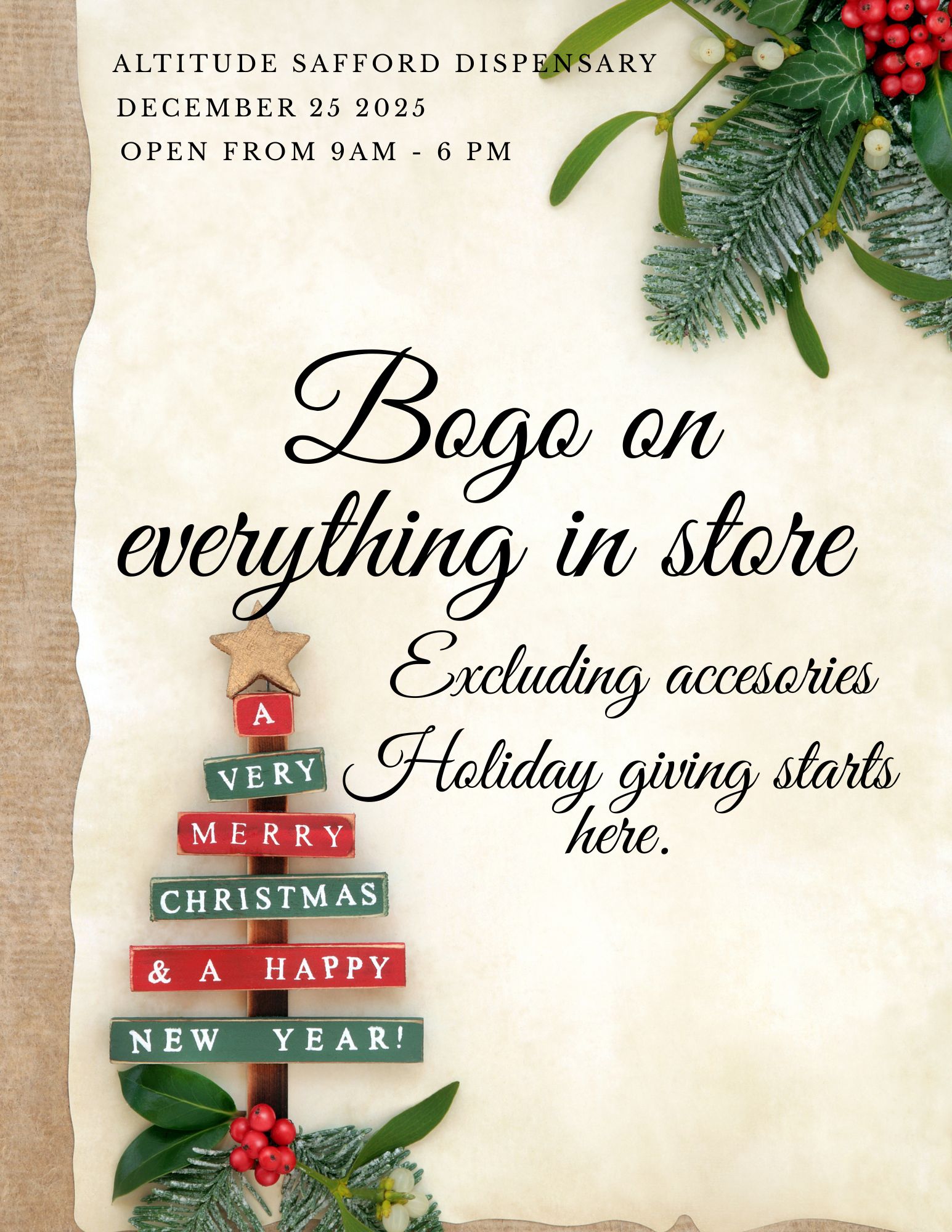 ALTITUDE SAFFORD DISPENSARY DECEMBER 25 2025 OPEN FROM 9AM - 6 PM 069a ott tit stew NEW YEAR / 