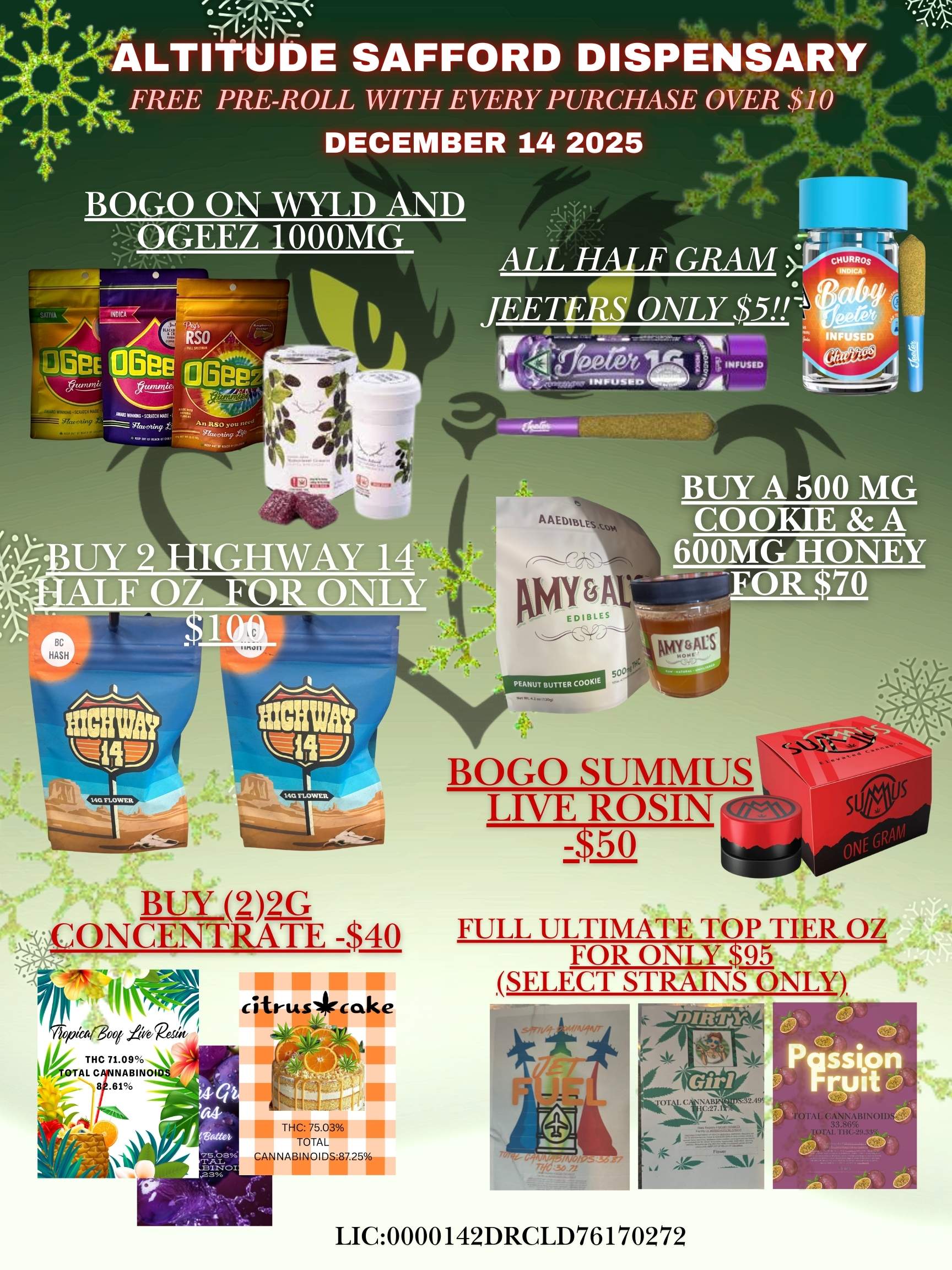 LTI E SAFFORD DISPENSARY FREE PRE-ROLL WITH EVERY PURCHASE OVER $10 DECEMBER 14 2025 BOGO ON WYLD AND ALL HALF GRAM . c JESTERS ONLY $5- INFUSE OGEEZ 1000MG sporusio Aoki 73111. BUY A 500 MG A AEDItLt. COOKIE A BC HASH EDIBLES PEANUT BUTTER COOKIE BOGO SUMMUS LIVE ROSIN -$50 BUY WIG ONCENTRATE -$40 FULL ULTIMATE TOP TIER OZ FOR ONLY S95 SELECT STRAINS ONLY DIRTY 2.499 THC 75.03 111 TOTAL CAN NABINOIDS87.25.... LIC0000142DRCLD76170272 / 