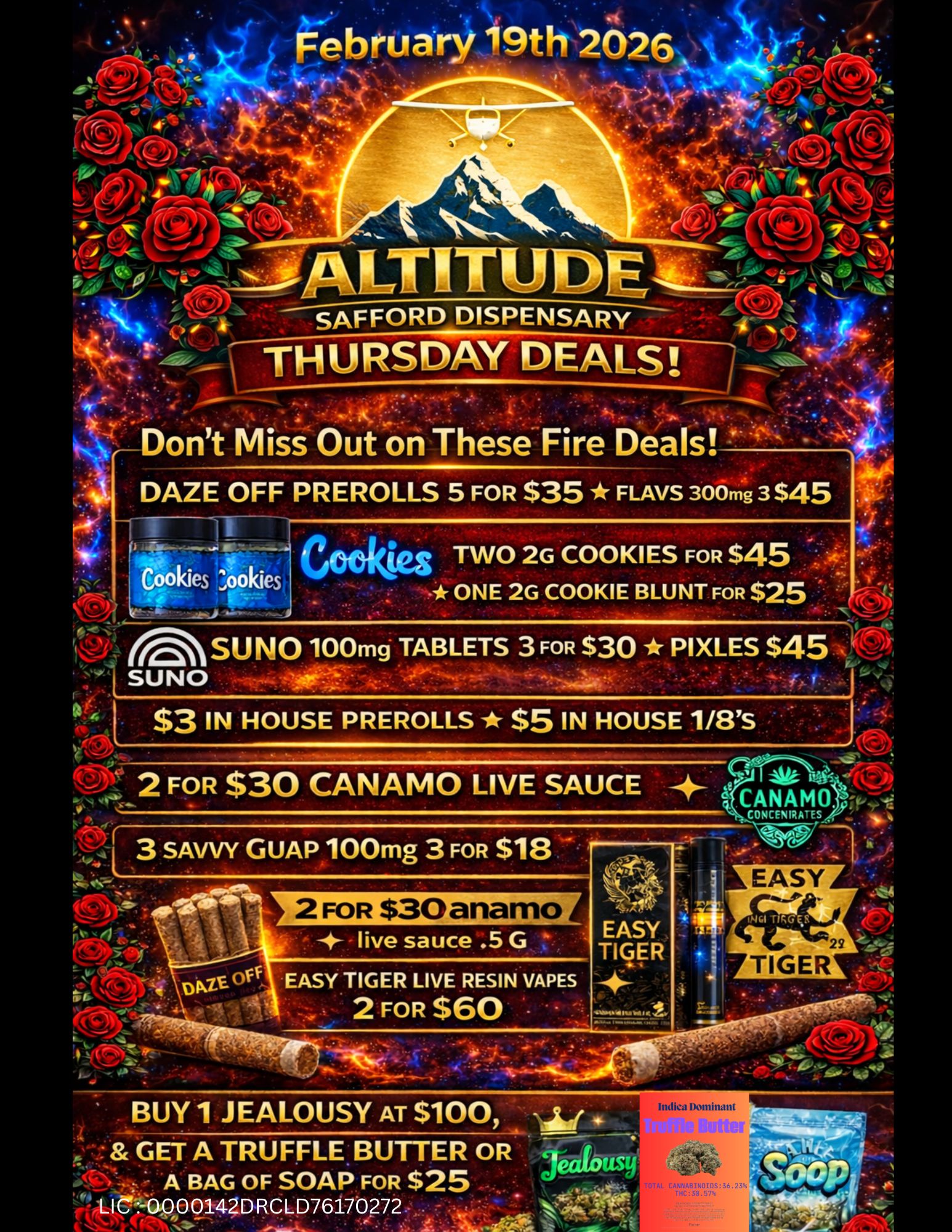 Dont Miss Out on These Fire Deals DAZE OFF PREROLLS 5 FOR $35 FLAVS 300mg 3 $45 Coektes TWO 2G COOKIES FOR $45 Cookie - ONE 2G COOKIE BLUNT FoR $25 -..1 0-- rcr11 SUN 100mg TABLETS 3 FOR S30 PIXLES $45 SUNG J 111i $3 IN HOUSE PREROLLS $5 IN HOUSE 1/8S 1.4 5D4 2 FOR $30 CANAMO LIVE SAUCE ae9cANAmo. live sauce .5 G EASY. TIGER o - 4. 1 GET A TRUFFLE BUTTER OR A BAG OF SOAP FOR $25 LIC-4000142DRCLD76170272 VAL iNA8INOIDS36.23 111038.574. / 
