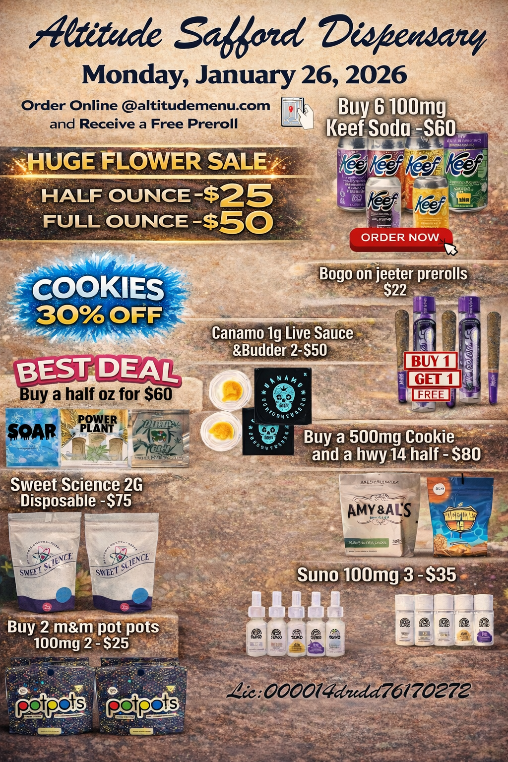ietitacie send Deoeodaney Monday January 26 2026 Order Online Paltitudernenu.corn 11110111. and Receive a Free Preroll eef o I I t 61 UGE SLOWER SALE . HALF OUNCE $25 FULL OUNCE $50 ORDER NOW Bogo on jeerer protons $22 - Canamo1g Live Sauce 11lidderi-S50 BEST DEA uy a half oz for $60 Svvebt Science 2G Disposable -S75 y a 500mg Cookie. - nd a hviry 14 half S80 pmy .deci.0000146170272 / 